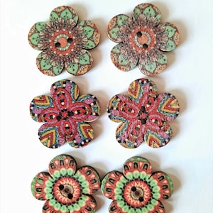 8-pack Boho Flower Vintage-Look Buttons, Decorative Wood Buttons, Craft Buttons image 3