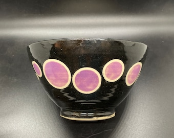 Handmade Ceramic Bowl purple circles design - white interior, black exterior with purple multi-sized white-outlined circles