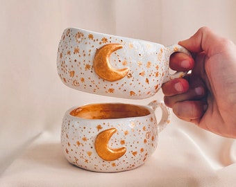 Handmade Ceramic Moon Mug / Large Coffee Mug / Pretty Mug with Stars / Cappuccino Mug / Gift for Coffee Lovers