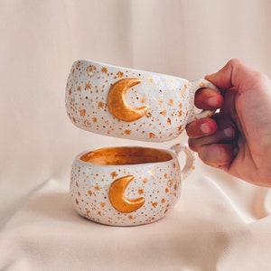Handmade Ceramic Mug with Golden Moon – Celestial Tea Cup | Artisan Pottery | Unique Gift for Moon Lovers