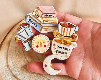 Handmade Ceramic Pin / Lapel Pin / Coffee Lovers Gift / Book Lovers Gift / Ceramic Accessories / Enameled Pin