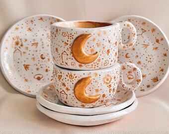 Handmade Ceramic Coffee Mug Set/ Small Moon and Stars Mug/ Cute Tea Cup /Gift for Coffee Lovers