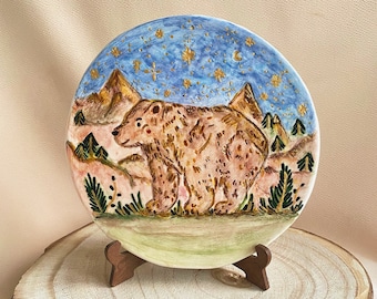 Ilustración única de oso de cerámica, Arte de pared de cerámica, plato de cerámica, decoración de animales, adorno de cerámica