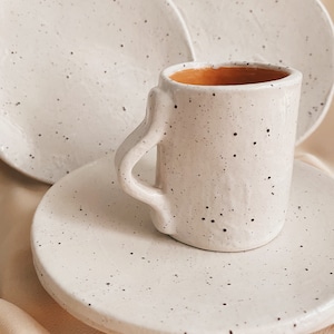Handmade Speckled Ceramic Espresso Cup and Saucer Set: Rustic Minimalist Tableware