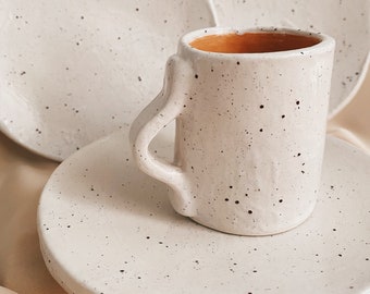 Handmade Ceramic Coffee Mug / Cute Speckled Mug / Cup and Saucer Breakfast Set / Gift for Coffee Lover