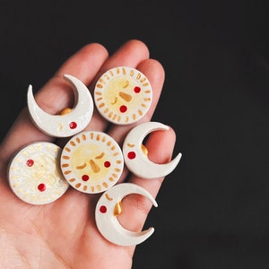 Handmade Ceramic Sun and Moon Pin / Ceramic Sun Pin / Enameled Moon Brooch / Lapel Pin / Ceramic Accessories image 1