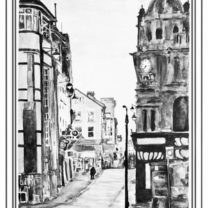 May include: A black and white ink drawing of a street scene in a city. The street is lined with buildings, including a tall building with a clock tower. There is a single person walking down the street.