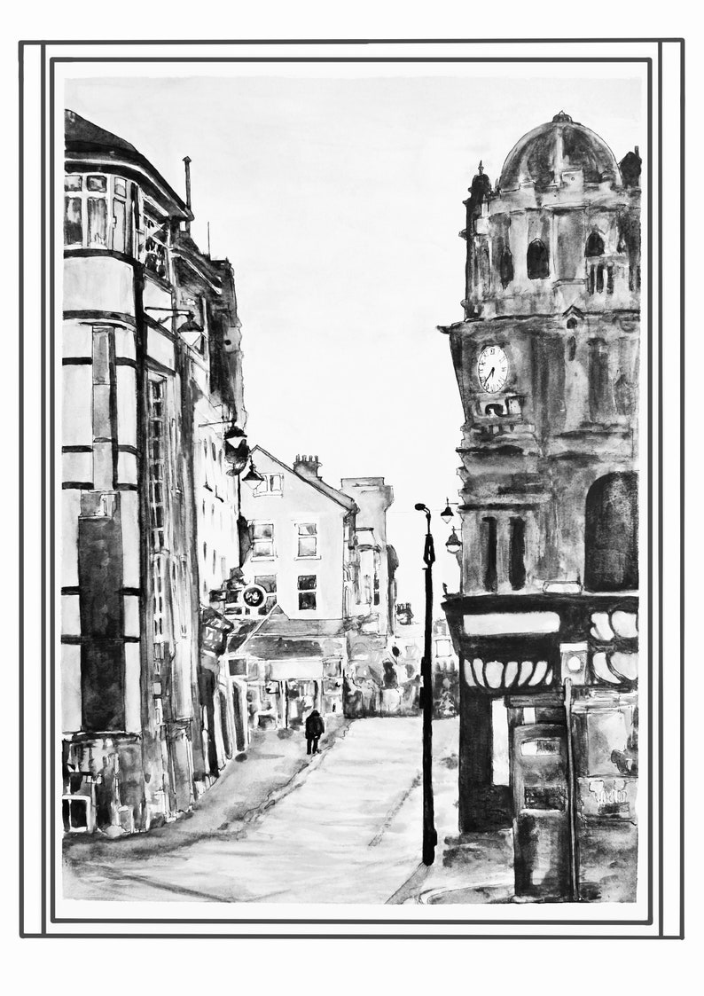 May include: A black and white ink drawing of a street scene in a city. The street is lined with buildings, including a tall building with a clock tower. There is a single person walking down the street.