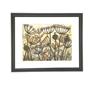 Seedheads Collage Fine Art Print –  by artist Fiona Hannon Abstract Botanical Artwork –Subtle Yellow & Grey/blues – Modern Nature Wall Deco