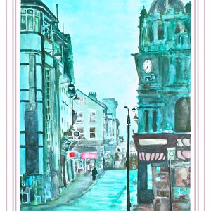 May include: A watercolor painting of a street scene with buildings, a clock tower, and a single person walking down the street. The buildings are painted in shades of blue and green, and the sky is a light blue.