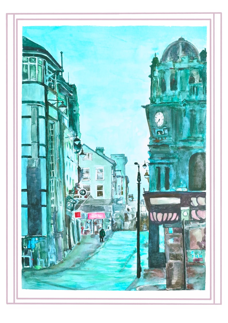 May include: A watercolor painting of a street scene with buildings, a clock tower, and a single person walking down the street. The buildings are painted in shades of blue and green, and the sky is a light blue.