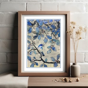 Blue Jay & Oak Tree Art Print –of Woodland Botanical collage.