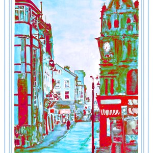May include: A watercolor painting of a street scene in a city. The buildings are painted in shades of blue, green, and red. There is a clock tower on the right side of the image. A person is walking down the street.