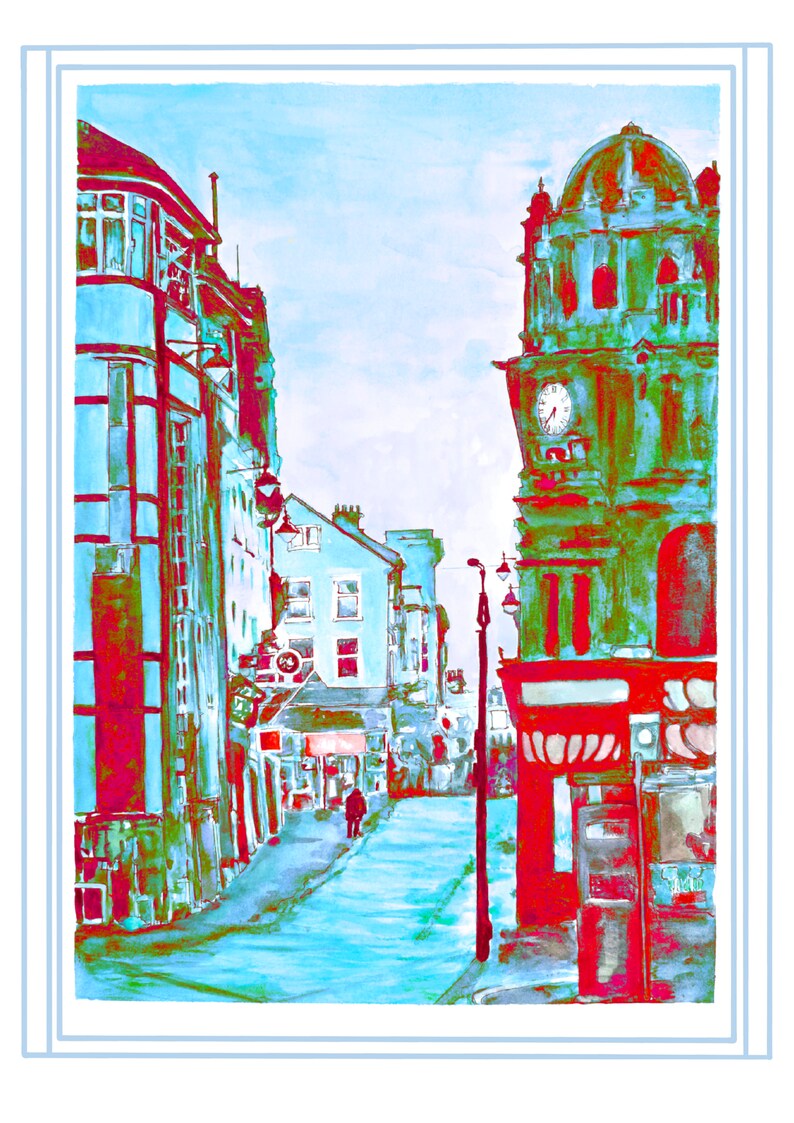 May include: A watercolor painting of a street scene in a city. The buildings are painted in shades of blue, green, and red. There is a clock tower on the right side of the image. A person is walking down the street.