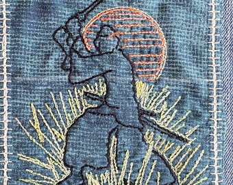 Large Sashiko Ninja Patch - Upcycled Denim Boro Art - Japanese Martial Arts Embroidery - Sew On Fabric Block - Karate Dojo Jacket Back Gift