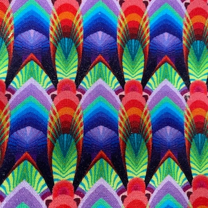 May include: A repeating pattern of colorful, geometric shapes in shades of red, orange, yellow, green, blue, purple, and black. The pattern is reminiscent of a stylized feather or fan.