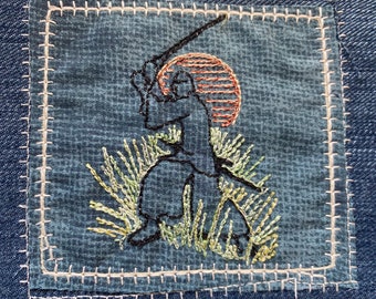 Sashiko Ninja Denim Patch, Boro Art Fabric Block