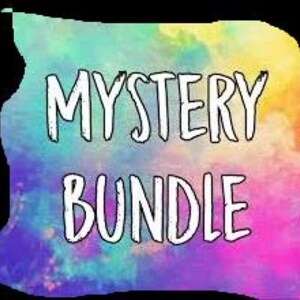 May include: A colorful graphic with the words "MYSTERY BUNDLE" in white, outlined in black. The background features a blend of vibrant colors including pink, blue, yellow, and purple, set against a black backdrop.
