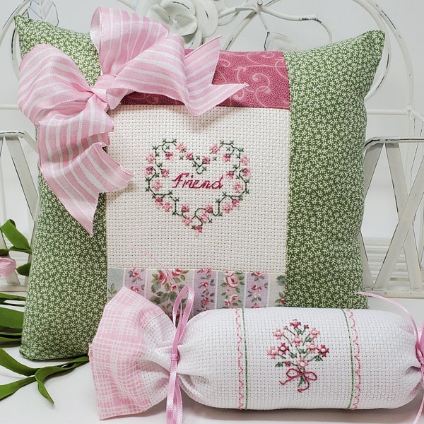 Finished Cross-Stitched ROSE HEART FRIEND Pillow, unscented Roll Sachet, Fabric Sachet and Small Sachet with Pearl Beaing