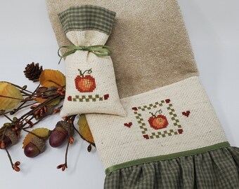 PUMPKIN QUILT cross-stitched Velour Guest Towel and Bowl Filler Set