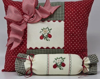 Cross-stitched Strawberries Pillow or Bowl Filler, Pearls, Rickrack, Ribbon Embellishments