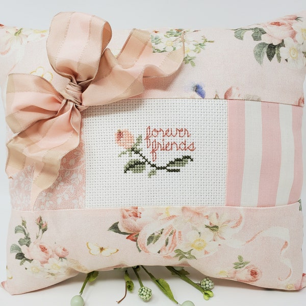Finished Cross-Stitched BLUSH FOREVER FRIENDS Pillow on 14 count antique white aida with Gold Beading           10 x 9 inches