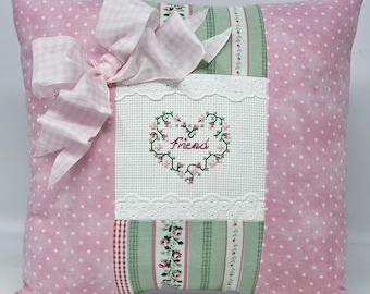 Cross-Stitched Rose Heart Friend Pillow
