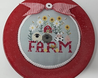 Just Cross-Stitch Mag cross-stitched FARMHOUSE ENAMEL PLATE