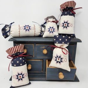 Cross-Stitched Star Quilt Bowl Fillers, Roll, Fabric or Small Sachet, Gold Beads