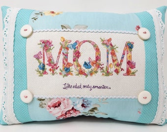 Cross-Stitched MOM Pillow: Floral Embroidery, Eyelet Trim, Buttons (14 x 11 inches)