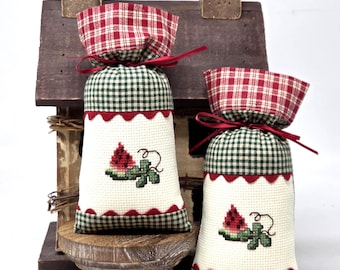 Cross-stitched WATERMELON Fabric BOWL FILLERS on 14 count Cream Aida with Rickrack & Black Beads, Ribbon 7 x 4 inches