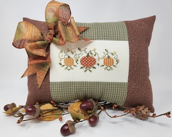 PUMPKIN VINE PILLOW cross-stitched  with Gold Beading or Roll Bowl Filler