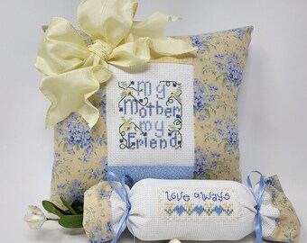 Finished Cross-Stitch Pillow: Mother & Friend, Pearl Beaded Accent