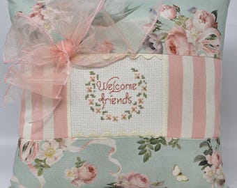 Cross-stitched Welcome Friends Pillow, Cream Aida, Beads, Rickrack, Bow (10 x 10 inches)