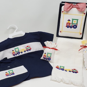 Finished Cross-Stitched PRIMARY TRAIN T-SHIRT & Bib, Photo Album, Burp Cloth, unscented Fabric Sachet or Small Sachet on 14 count aida