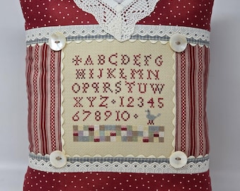 Blackbird Designs Cross-Stitched LE POULET SAMPLER Pillow