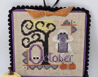 Cross-Stitched Halloween Ornament: October Linen Door Hanger
