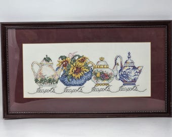 Leisure Arts cross-stitched FRAMED TIMELESS TEAPOTS