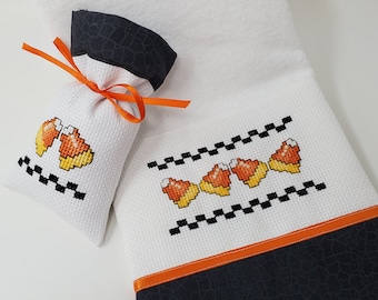 Cross-stitched CANDY CORN COLLECTION featuring white Velour Guest Towel, unscented Roll Sachet and Small sachet with Pearl Beading