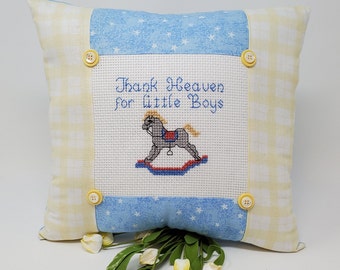 Cross-Stitch Baby Boy Pillow: 'Thank Heaven' Nursery Decor