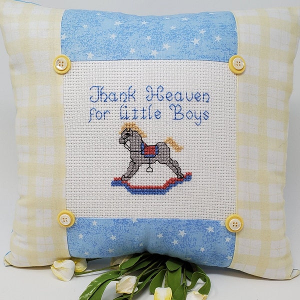 Cross-stitched 'Thank Heaven for Little Boys" PILLOW on white aida with cotton fabrics, detailed with BUTTONS