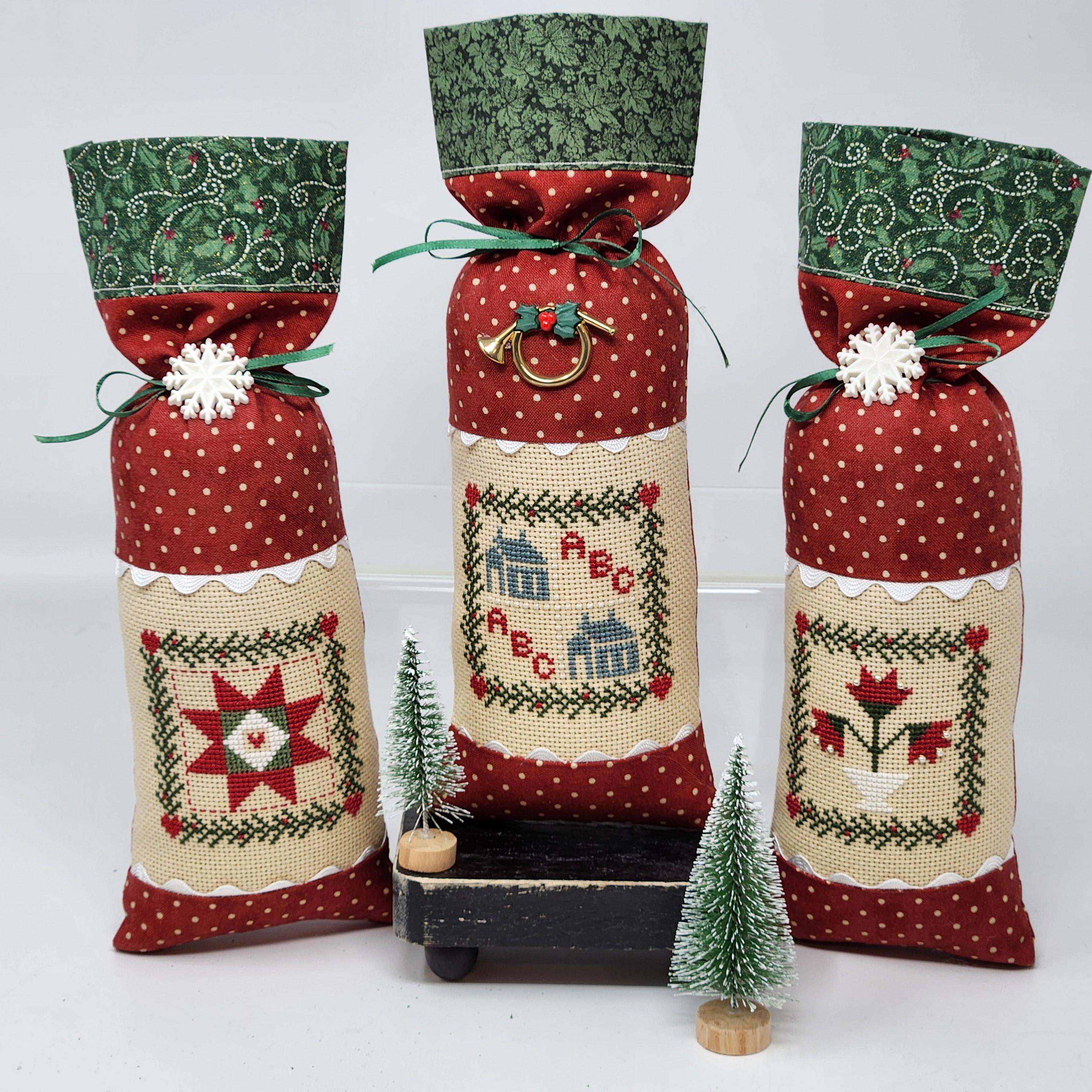 RELLENOS PARA CUENCOS DE NAVIDAD hechos con punto de cruz en Lugana de 32 hilos con botones, cuentas, cascabeles, cintas de 9 x 4 pulgadas