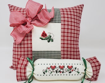 Cross-stitched WATERMELON PILLOW or ROLL Bowl Filler