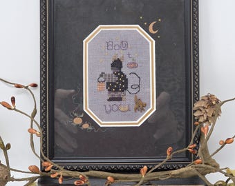 Framed Halloween Cross Stitch: "BOO To You" Black Cat Charm, Hand-Painted Mat