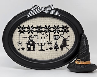 Framed Halloween Cross Stitch, Jardin Prive Quaker Design
