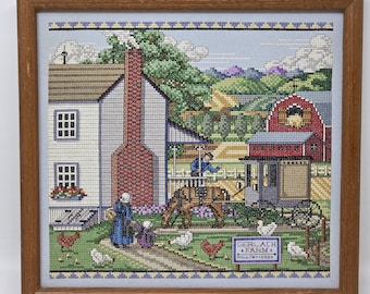 AMID AMISH LIFE cross-stitched Framed Farm