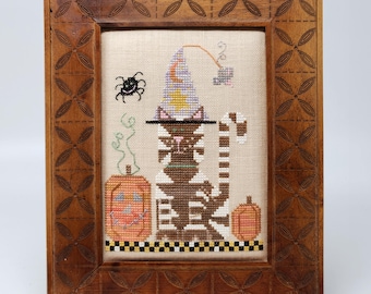 Framed Cross-Stitch "MEOW!": Mocha Linen, Decorator Wood Frame