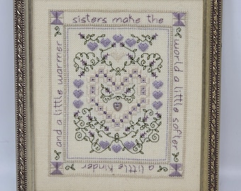 Sweetheart Tree cross-stitched Framed SISTERS MAKE The WORLD