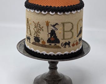 Brenda Gervais Witch's Alphabet Pindrum Cross-Stitch, Mocha Linen Aida, Embellished Buttons, Ribbon