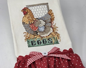 Cross-stitched FARMHOUSE HEN & EGGS Towel